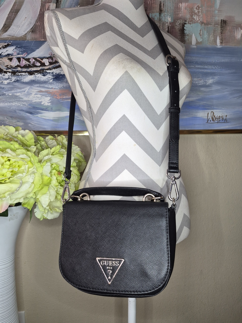 GUESS Black Crossbody Saddle Bag with Gold Logo